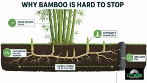 Cross-section of bamboo roots showing underground rhizome network and root barrier zone.