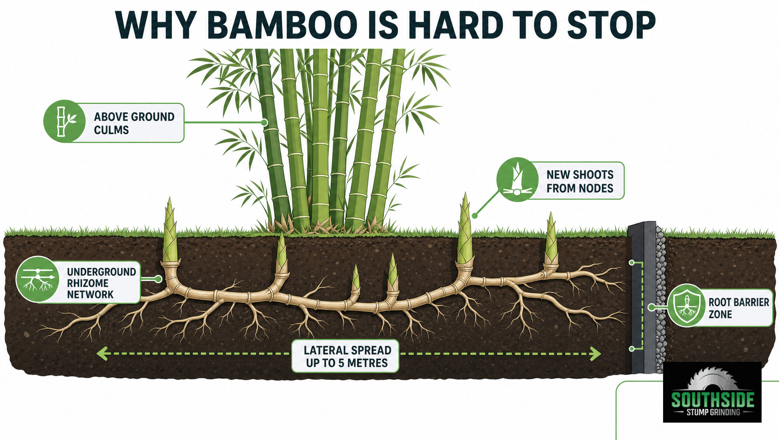 Cross-section of bamboo roots showing underground rhizome network and root barrier zone.