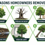 Illustration of six reasons homeowners remove trees, including storm damage and disease.
