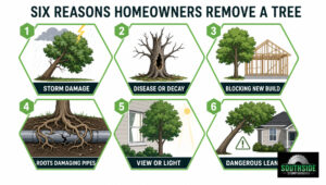 Illustration of six reasons homeowners remove trees, including storm damage and disease.