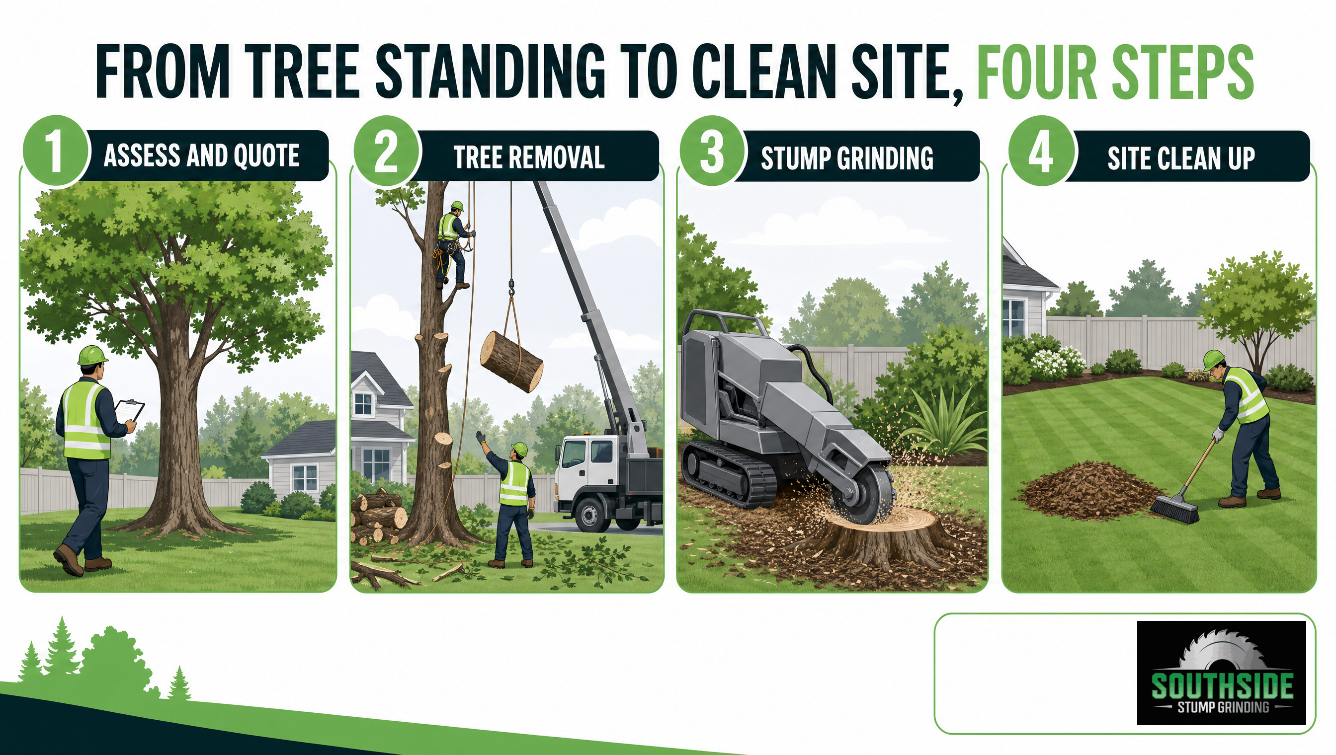 from tree standing to clean site, four steps