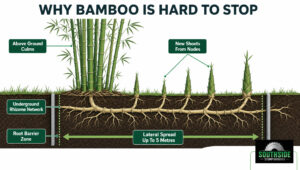 Deep bamboo root system diagram showing underground rhizome network and root barrier zone.
