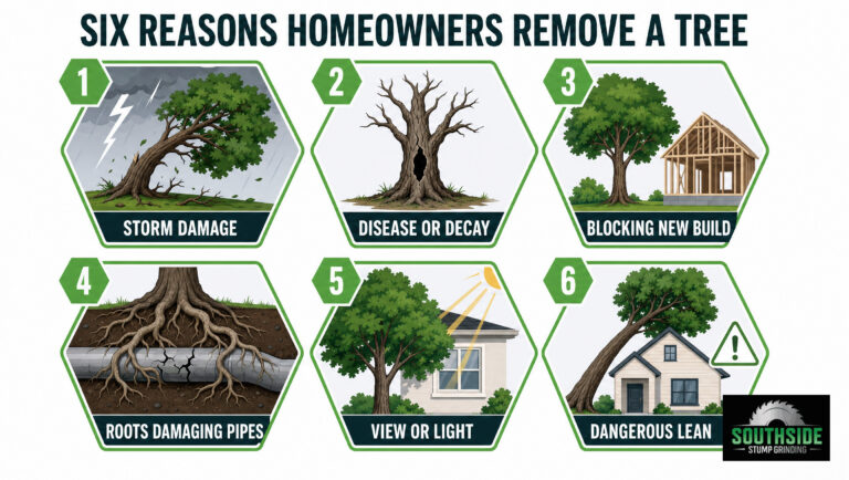 Six reasons homeowners remove trees including storm damage and disease.