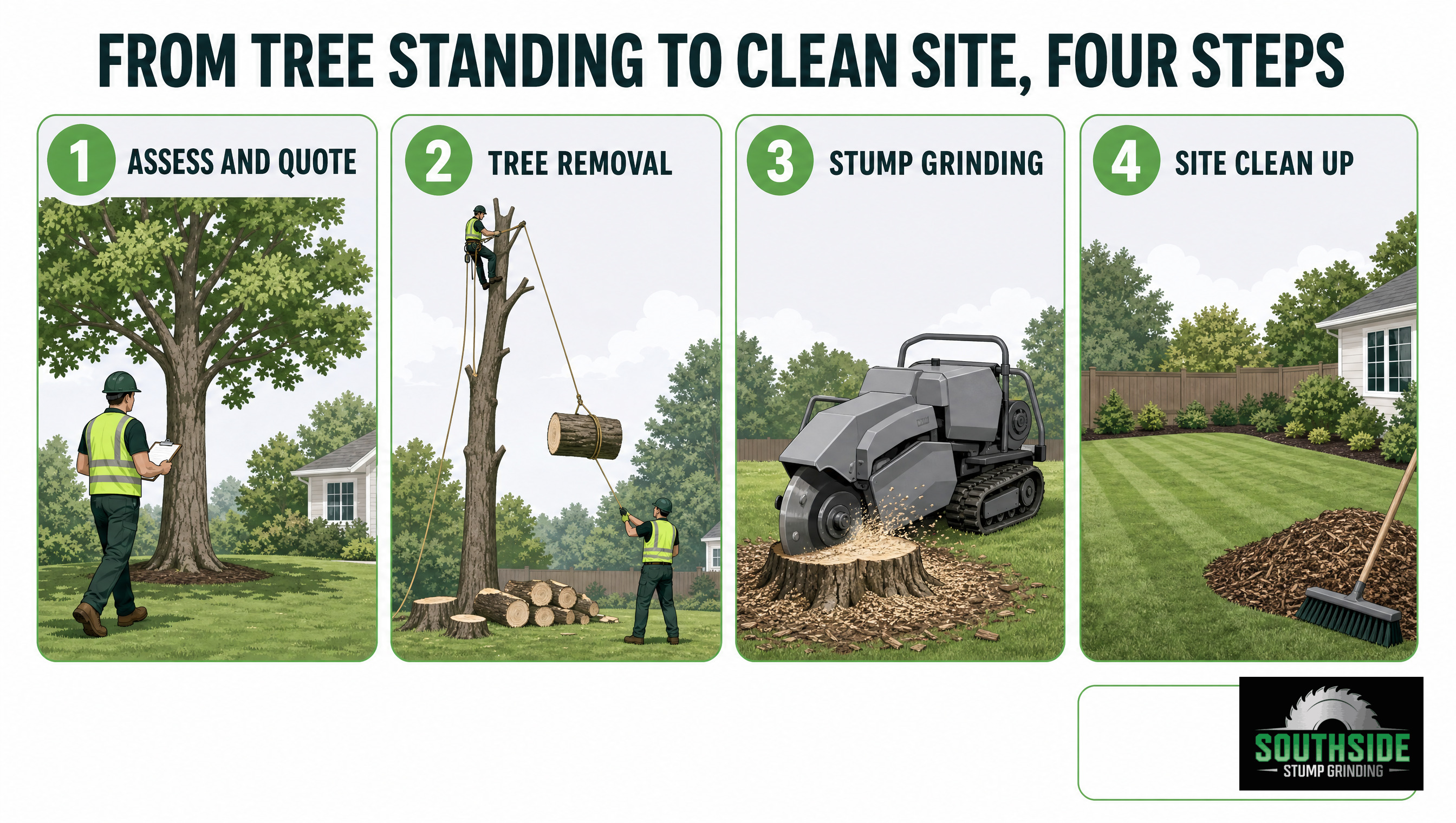 from tree standing to clean site, four steps