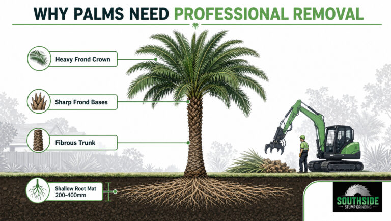 Palm tree with labelled parts for professional removal by Southside Stump Grinding.