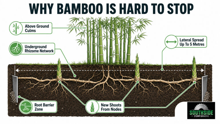 Diagram of bamboo root system showing underground rhizome network and root barriers.