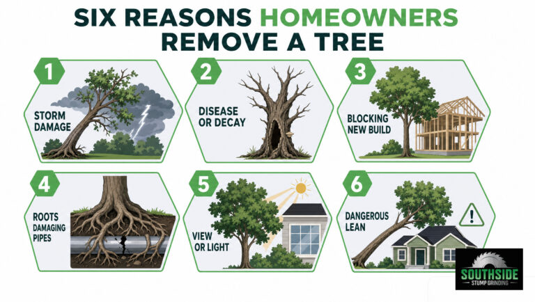 Infographic showing six reasons homeowners remove trees, including storm damage and disease.