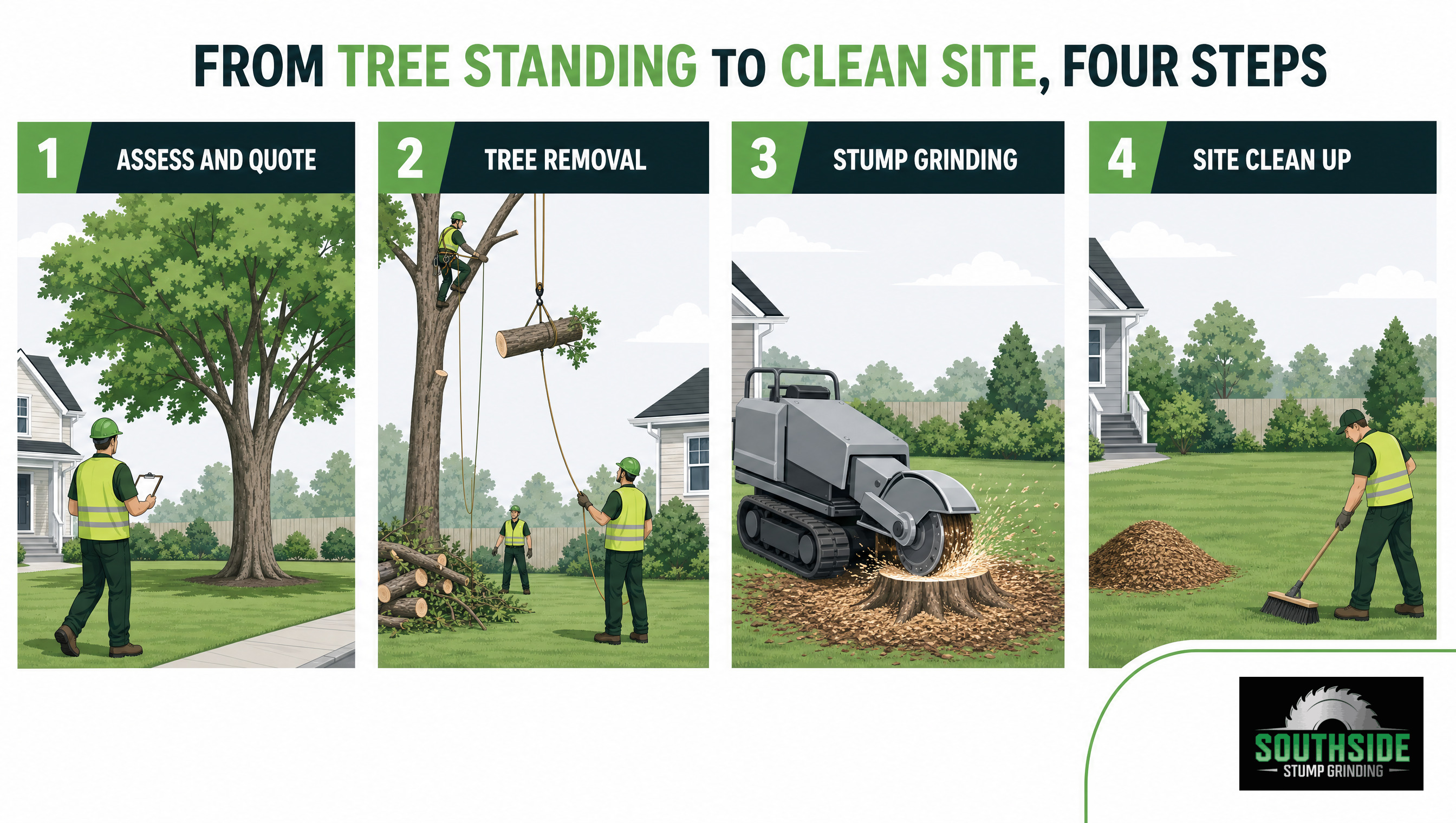 from tree standing to clean site, four steps
