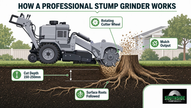 Professional stump grinding with rotating cutter wheel and mulch output.