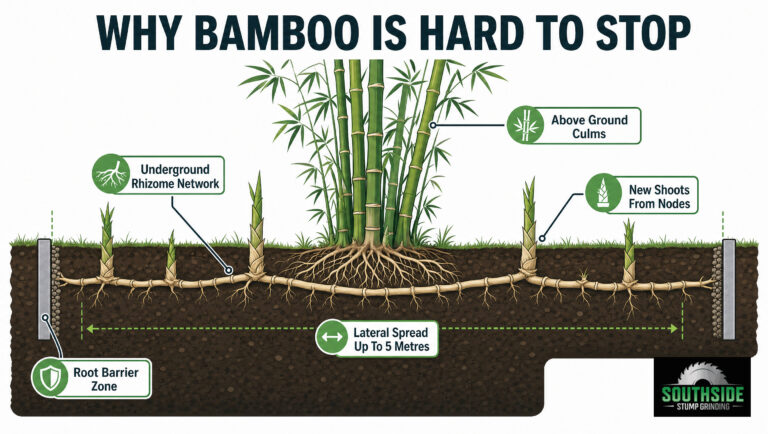 Diagram of bamboo root system showing underground rhizome network and root barriers.