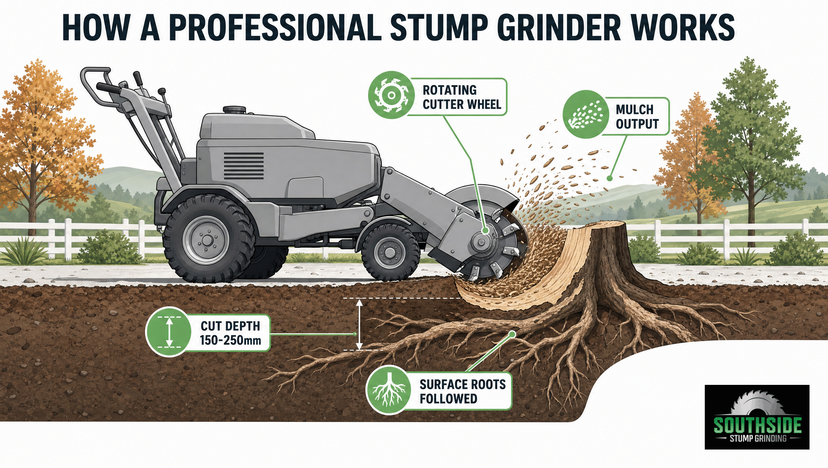 How a professional stump grinder works, rotating cutter wheel grinding a stump to 150-250mm below ground level with mulch output and surface roots being followed
