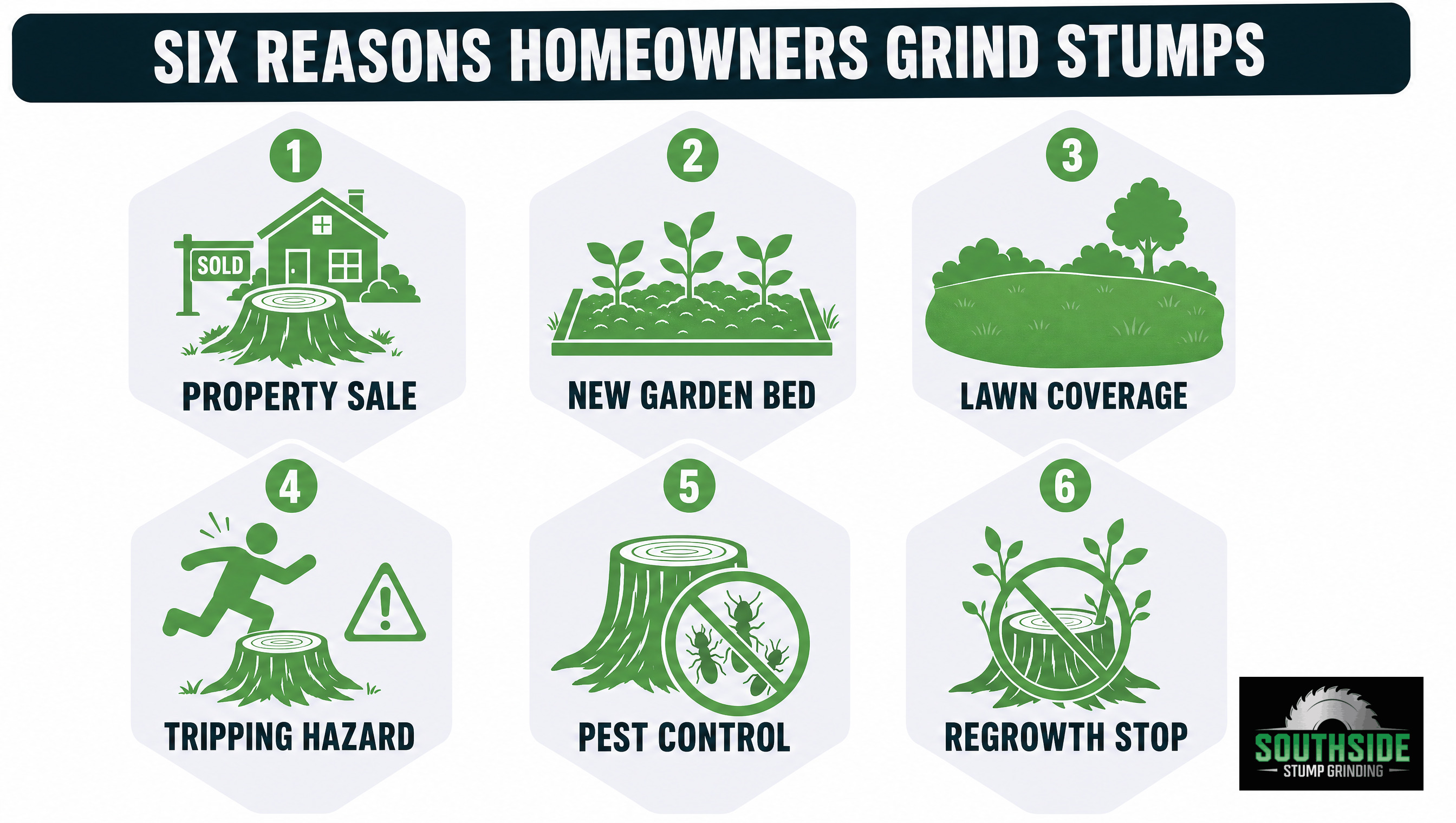 Six reasons homeowners grind stumps, property sale, new garden bed, lawn coverage, tripping hazard, pest control, regrowth stop