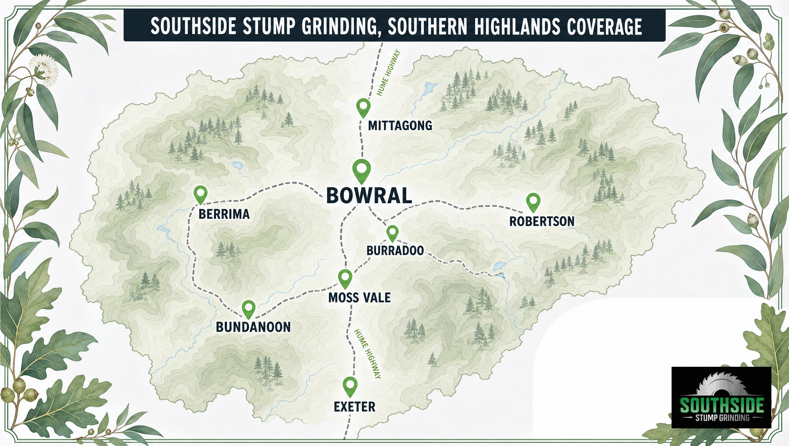 Southern Highlands service area map showing Bowral, Mittagong, Moss Vale, Bundanoon, Berrima, Burradoo, Robertson and Exeter