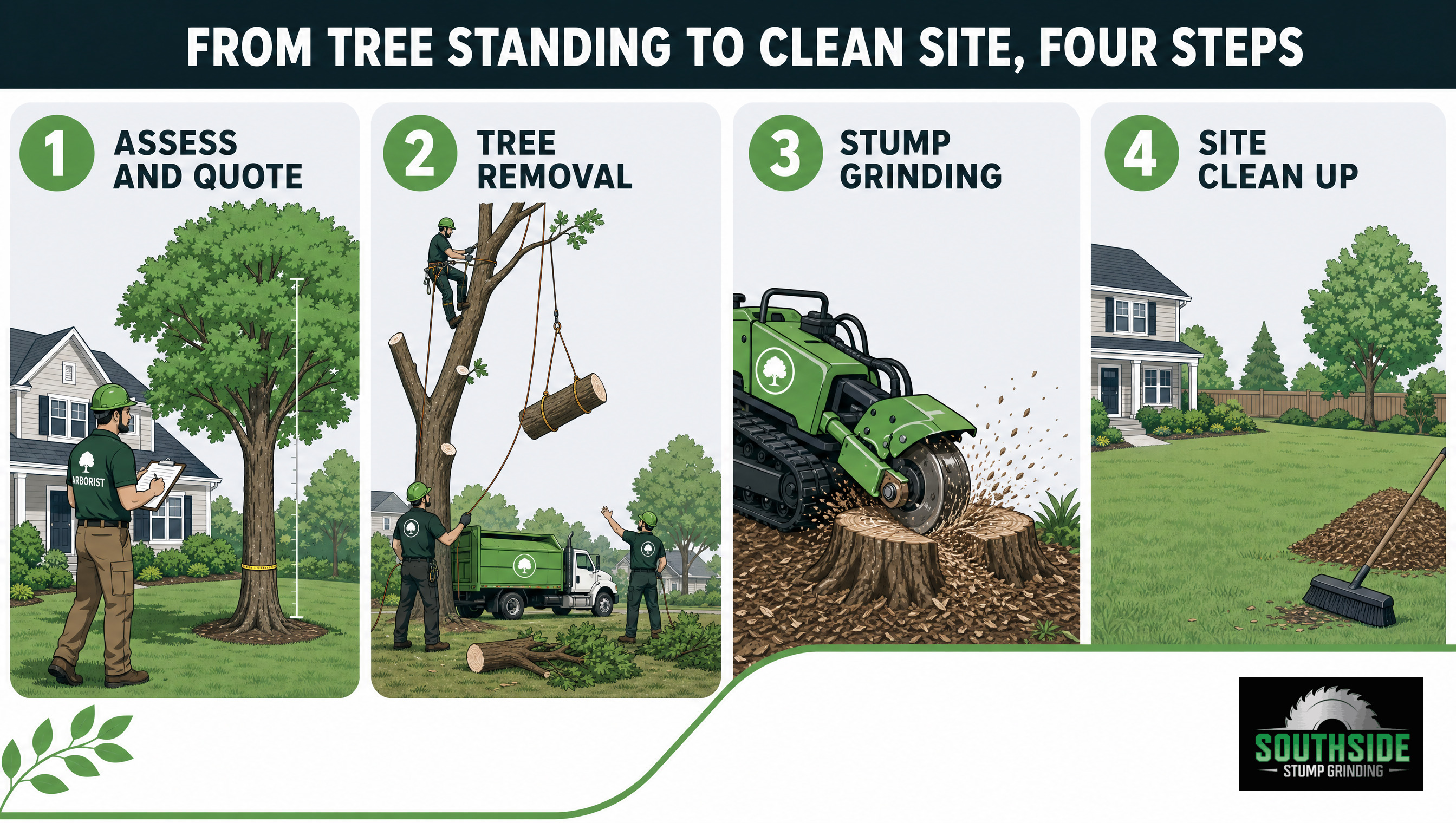 Tree removal four step process, assess and quote, tree removal, stump grinding, site clean up
