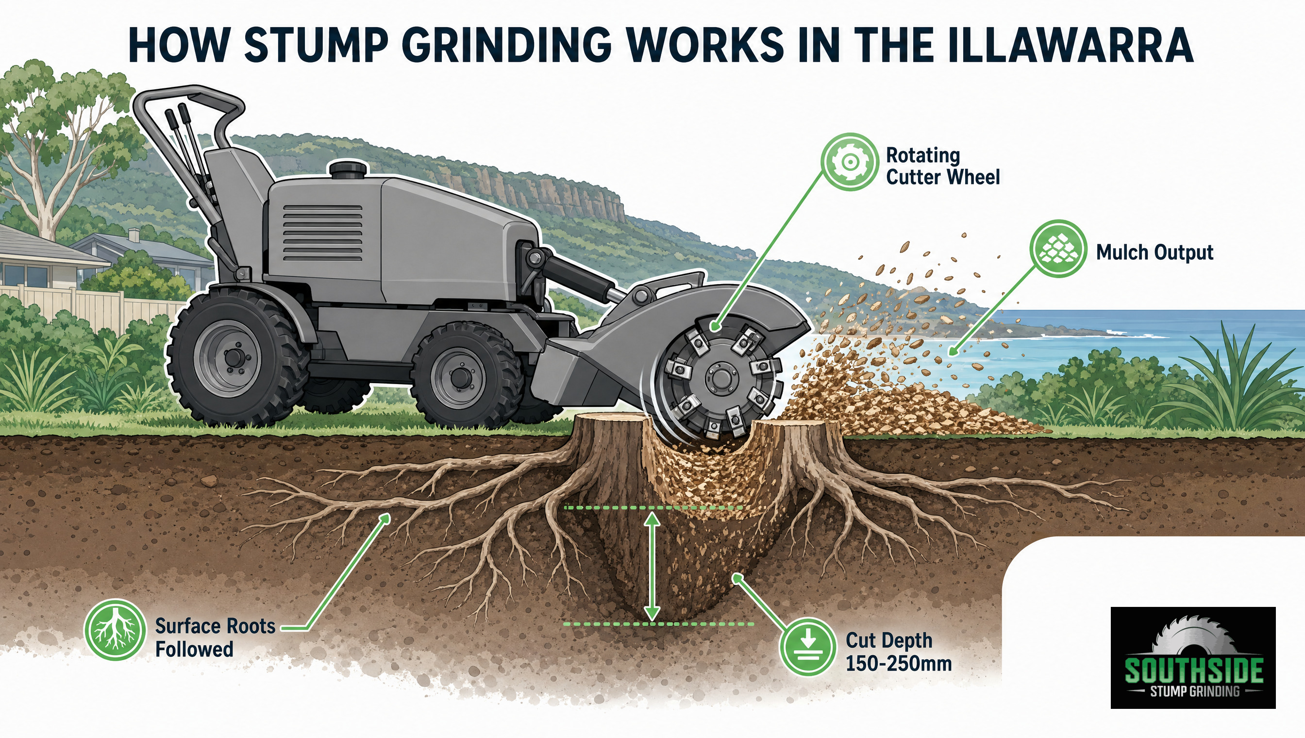How stump grinding works in the Illawarra, rotating cutter wheel grinding to 150-250mm below ground with mulch output and surface roots being followed