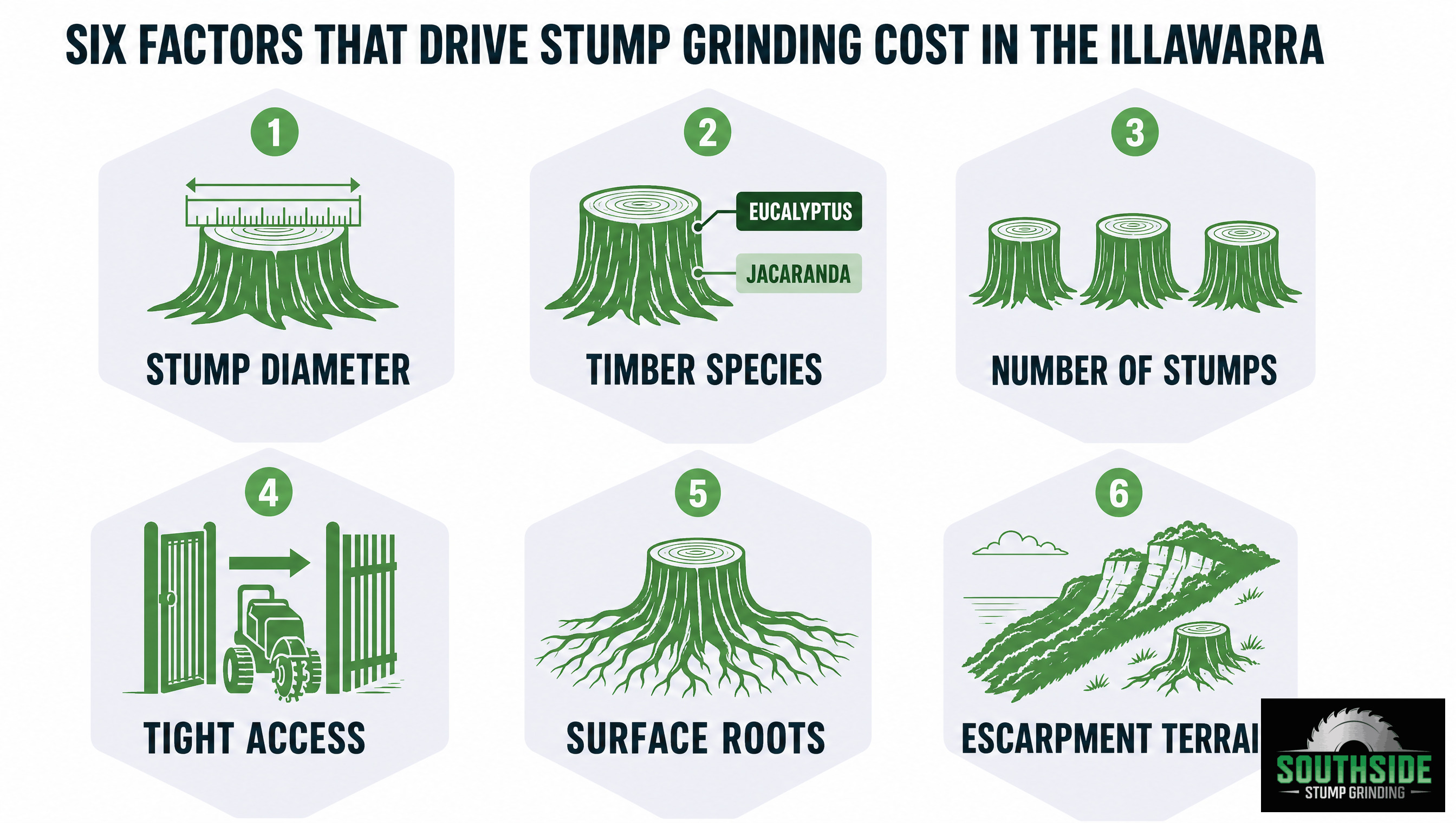 Six factors that drive stump grinding cost in the Illawarra, stump diameter, timber species, number of stumps, tight access, surface roots, escarpment terrain