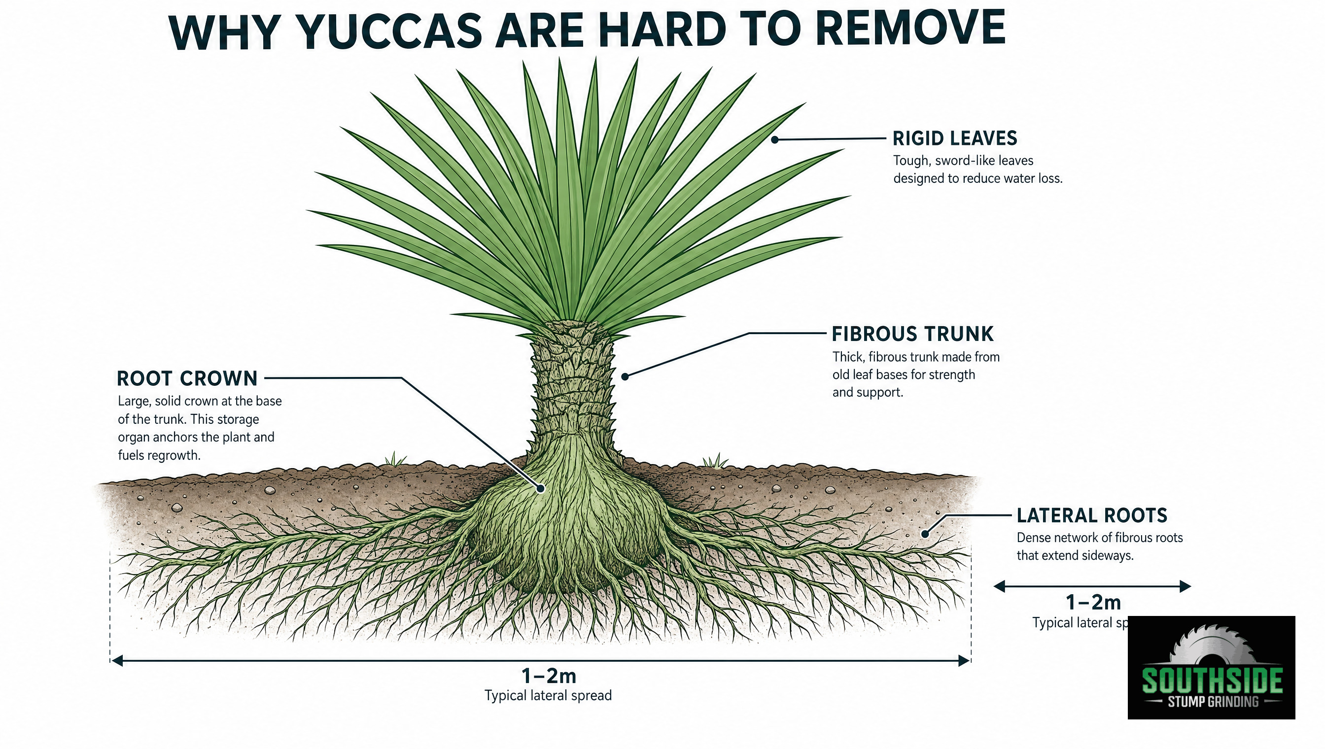 Why yuccas are hard to remove, root system cross-section showing root crown, lateral roots extending 1 to 2 metres, fibrous trunk and rigid leaves